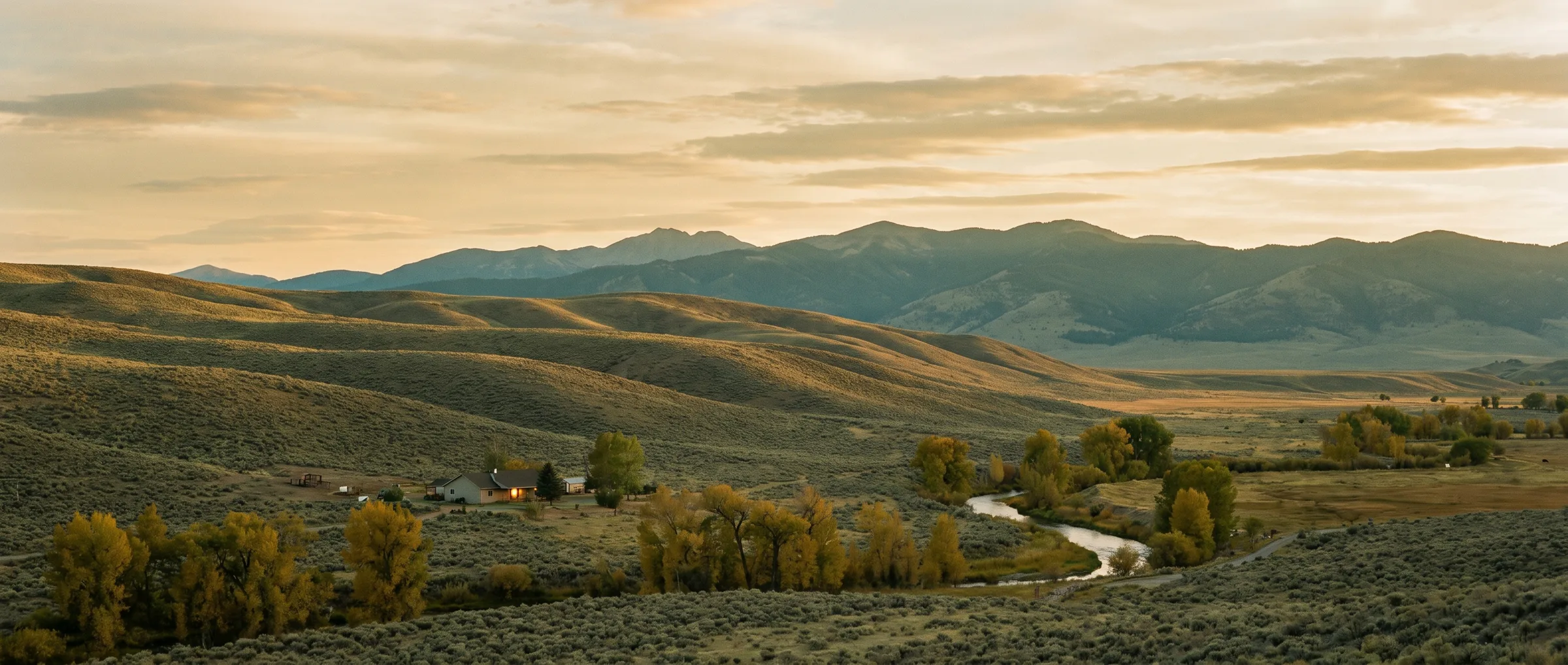 A river winding through golden sagebrush hills toward a lone ranch house in Northern Nevada