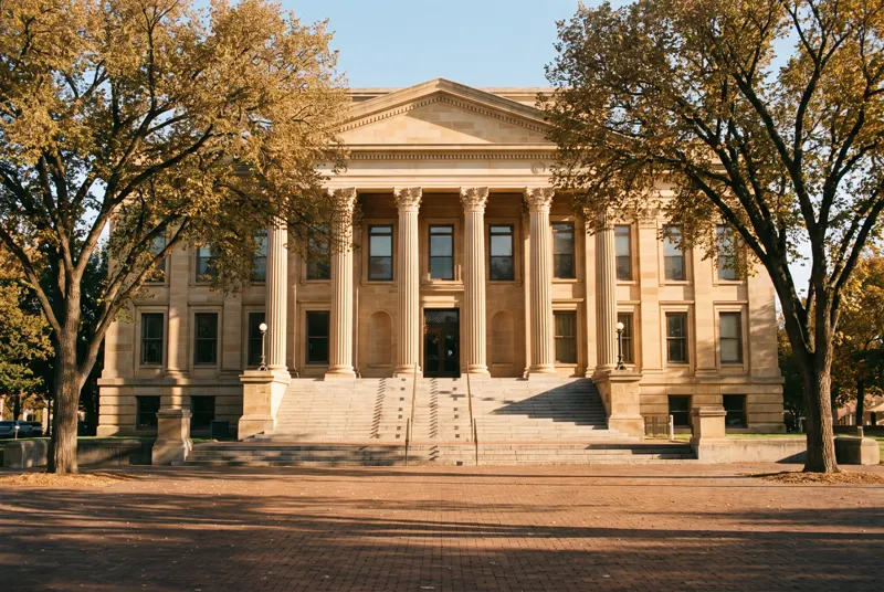A stately stone courthouse in warm morning light