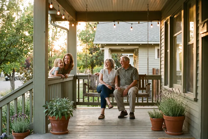 A multigenerational family laughing on a porch