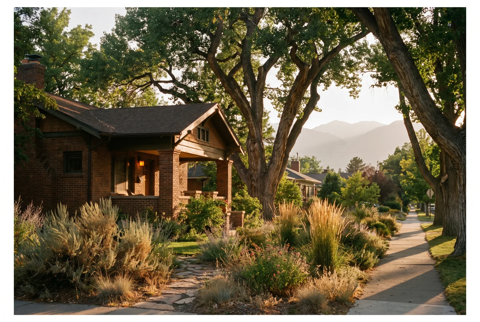 A brick craftsman home in an established Reno neighborhood under mature trees at golden hour