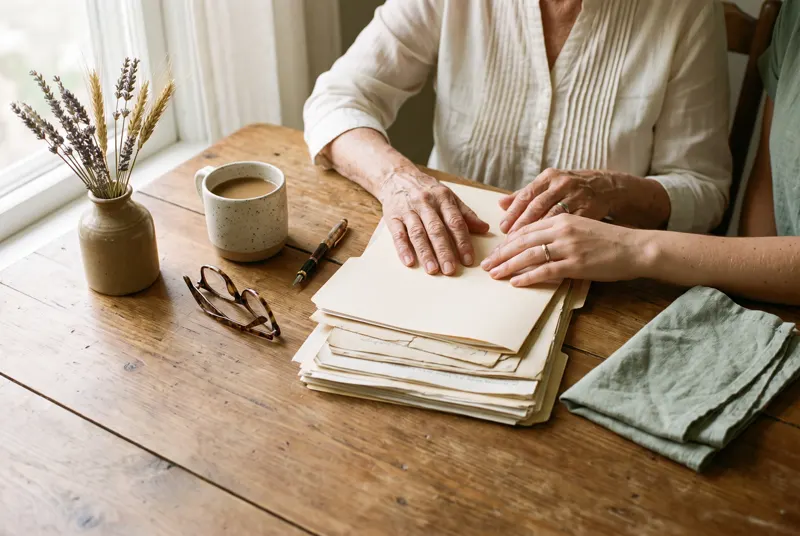 Hands resting on documents at a warm kitchen table