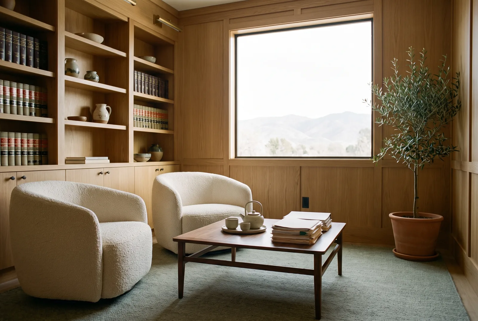 The firm's warm sitting room: oak shelves, soft ivory armchairs, tea on a walnut table, morning light